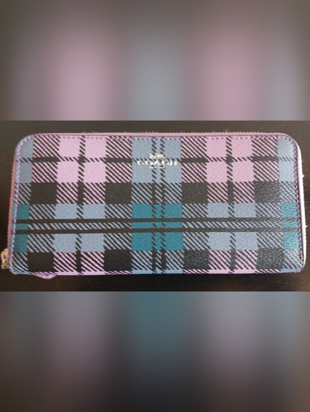 Coach Coated Canvas Accordion Zip Wild Plaid Print Wallet F23455